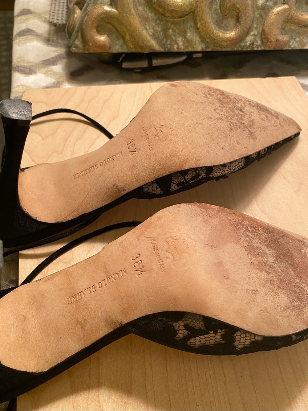 Manolo Blahnik Black Lace Pointed-Toe Ankle Tie Pumps - Picture 5 of 7